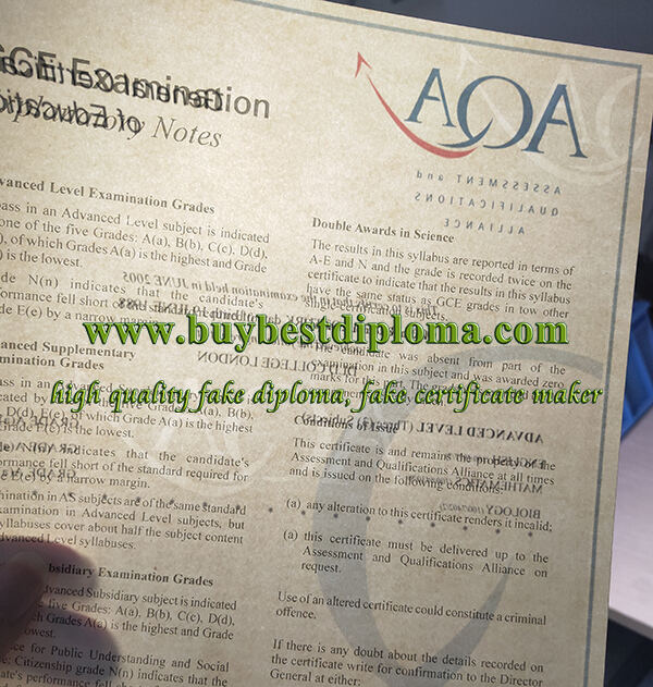 fake AQA GCE certificate, GCE A Level certificate,