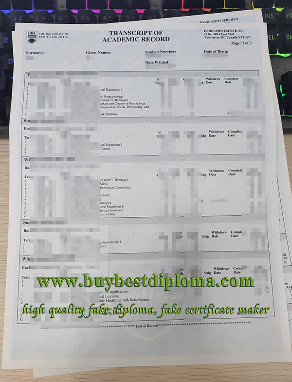 UBC transcript, University of British Columbia transcript, fake UBC diploma,