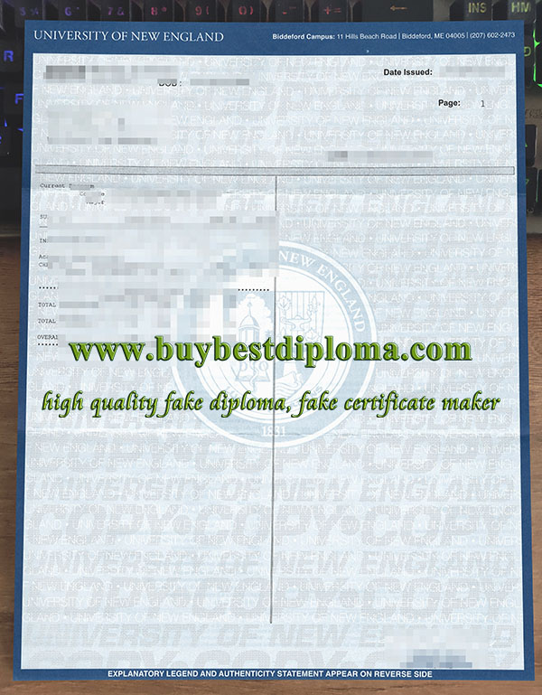 University of New England transcript, University of New England diploma, fake UNE transcript,