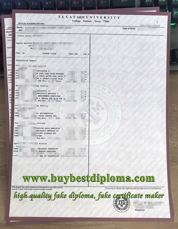 Texas A&M University transcript, Texas A&M University diploma, fake transcript,