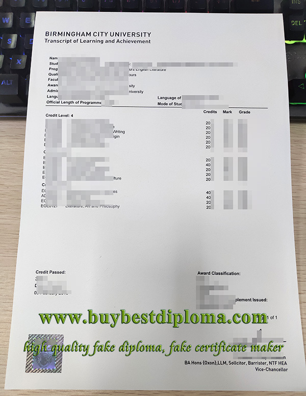 fake Birmingham City University transcript, fake BCU transcript, fake transcript,