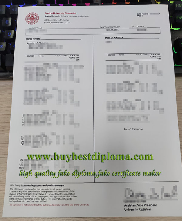 Boston University Transcript, Boston University Certificate,