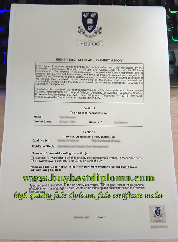 University Of Liverpool Diploma Supplement, University Of Liverpool transcript, fake University Of Liverpool certificate,