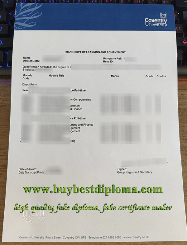 Coventry University transcript, Coventry University certificate,