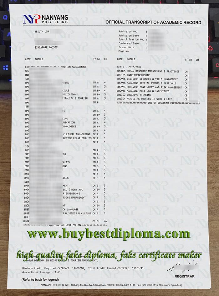 Nanyang Polytechnic transcript, Nanyang Polytechnic certificate, fake NYP certificate, 南洋理工学院成绩单,