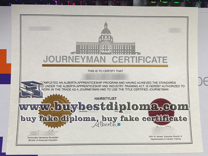 fake Alberta Journeyman certificate, Journeyman Hairstylist certificate,