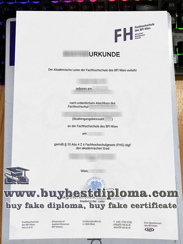 Fachhochschule des bfi Wien urkunde, FH des BFI Wien diploma,