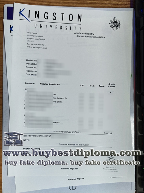 Kingston University transcript
