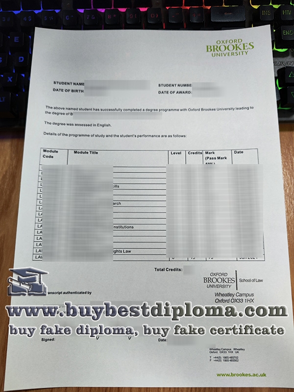 Oxford Brookes University transcript, OBU certificate,