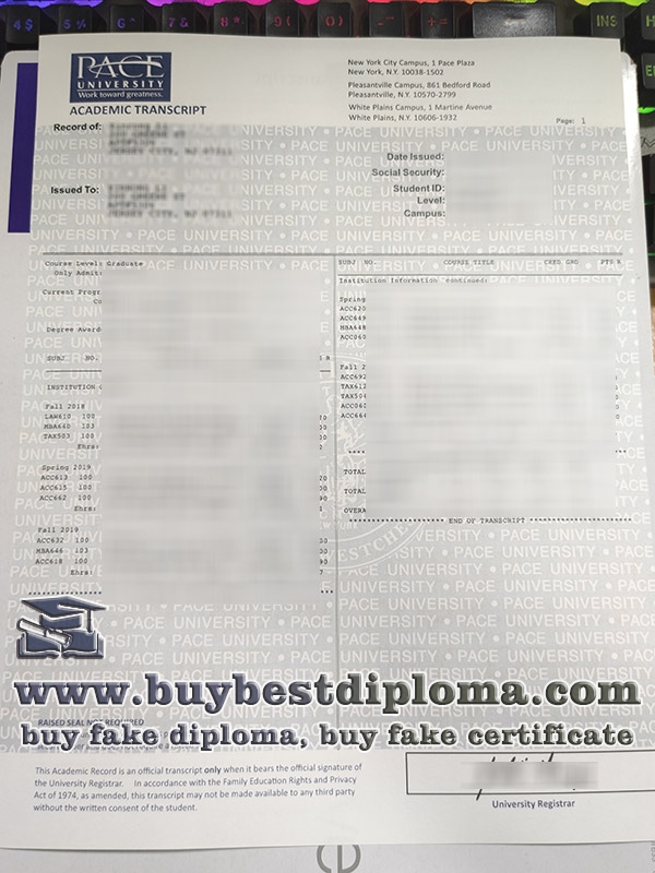 Pace University transcript, fake Pace University certificate,