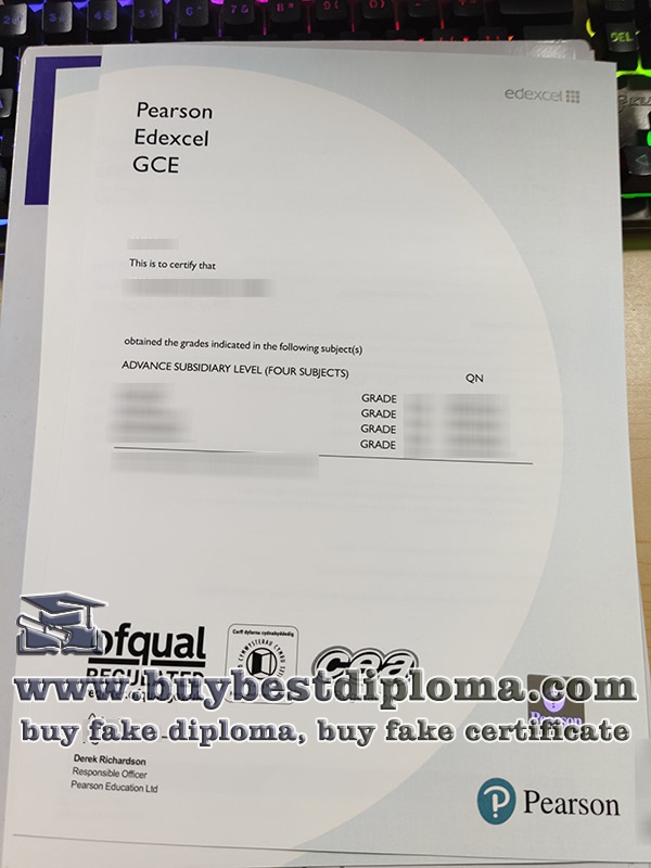 EDEXCEL GCE certificate, EDEXCEL A Level certificate,