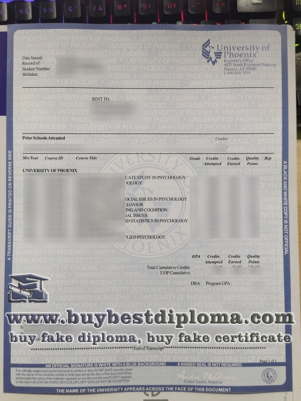 fake University of Phoenix transcript,