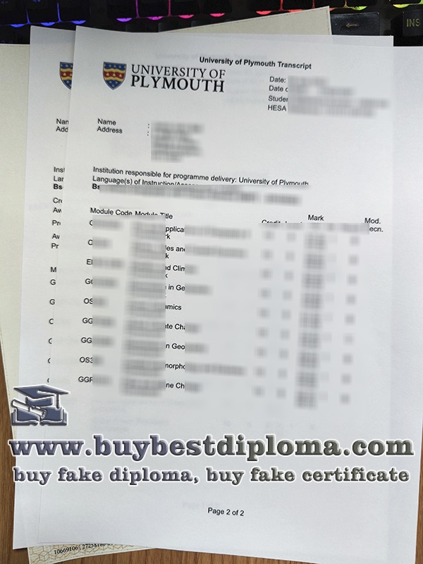 University of Plymouth transcript,